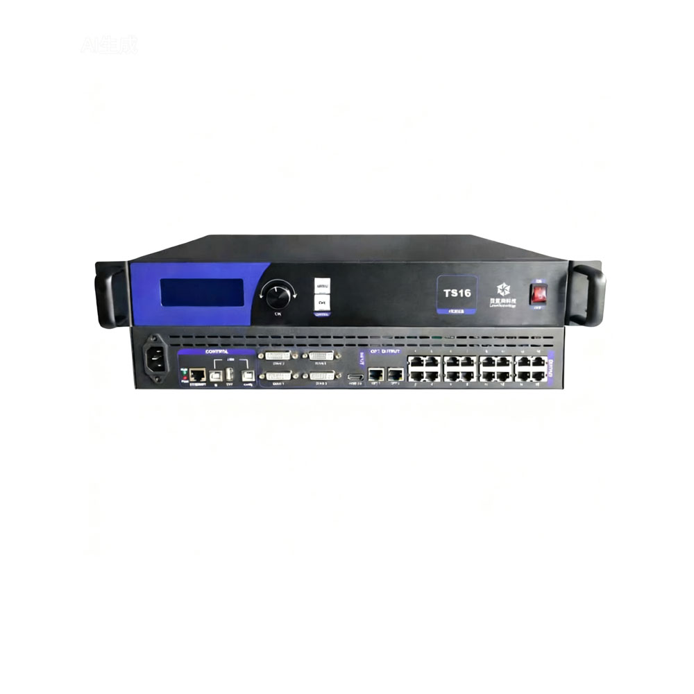 Linsn TS16 4K LED sending box front panel with 16 RJ45, HDMI 2.0, DVI and USB ports for large LED video walls