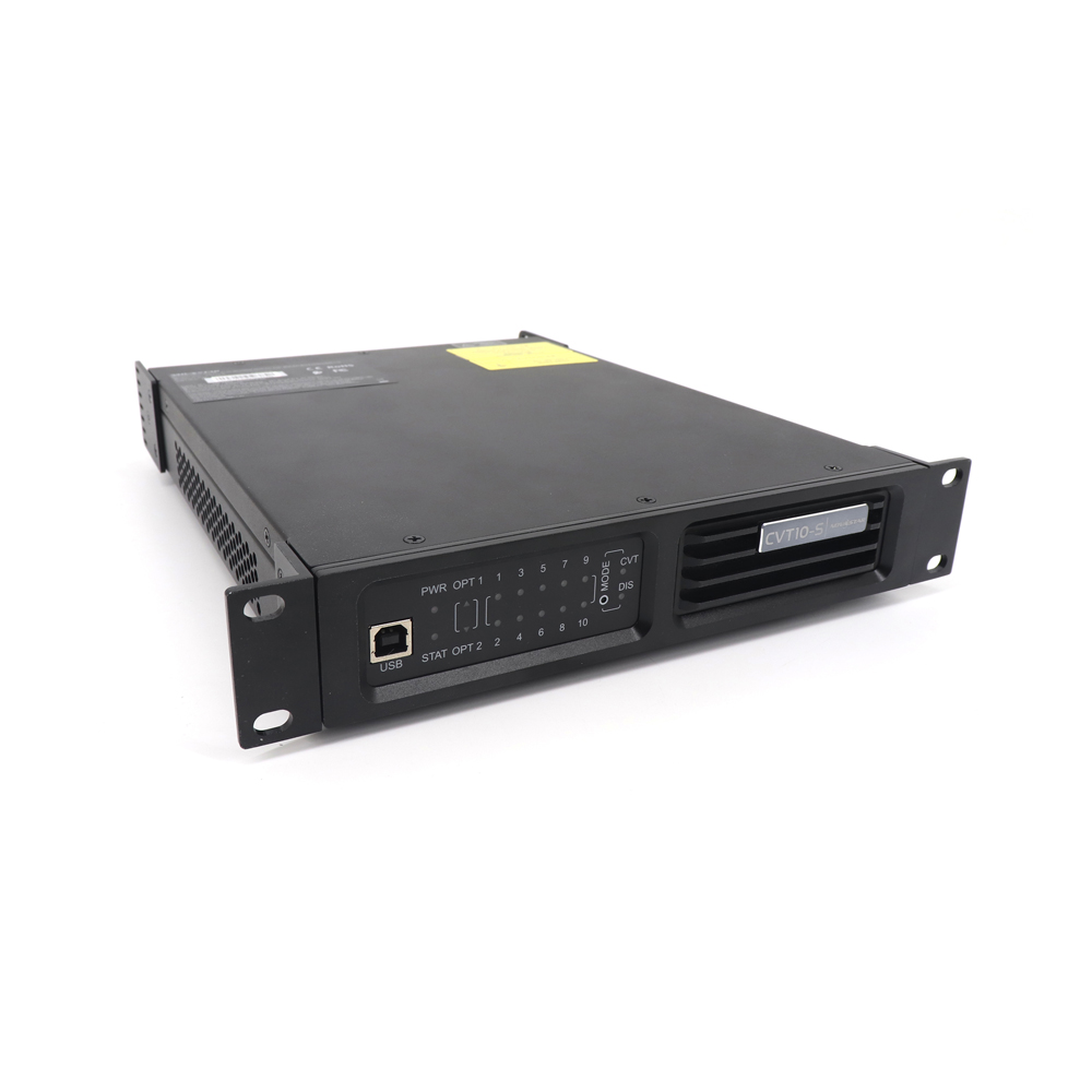 Novastar CVT10-S fiber optic converter with 2×10G SFP ports and 10×1G Ethernet ports for 10km transmission