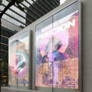Holographic LED film screen installed on commercial glass door
