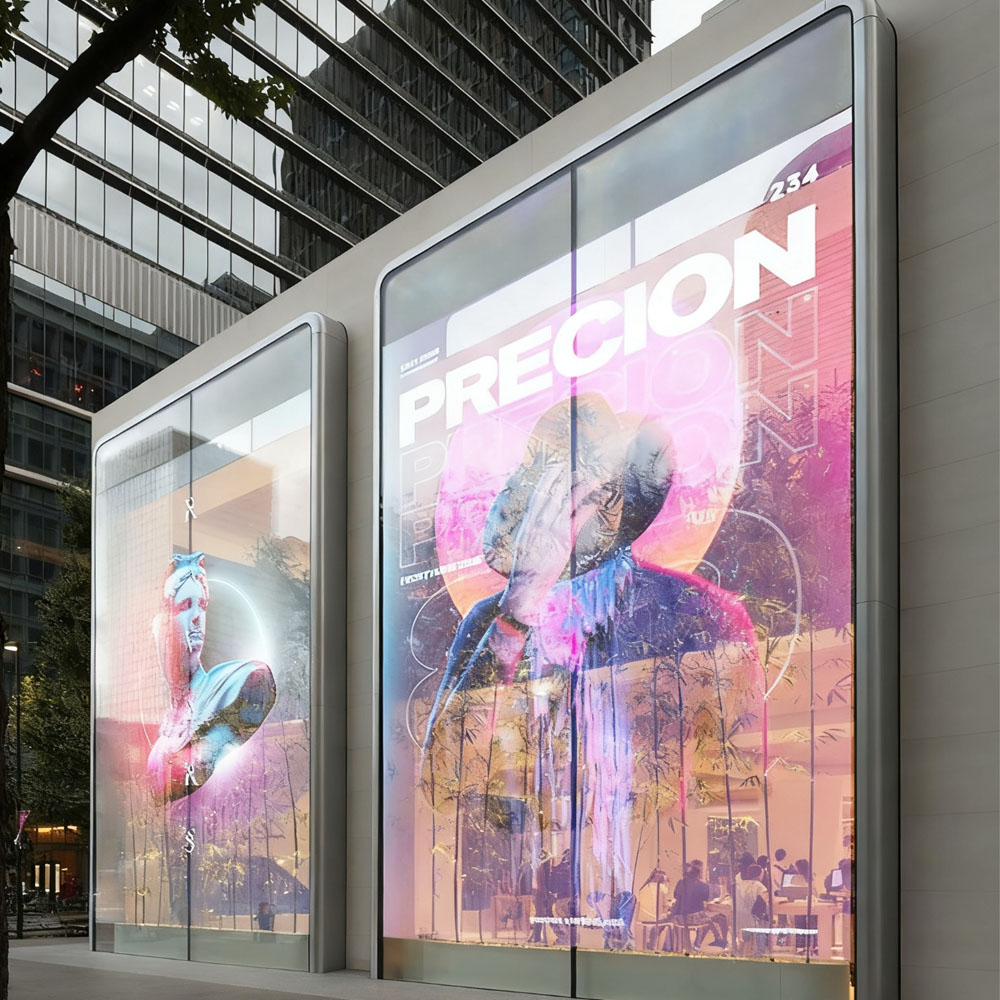 Holographic LED film screen installed on commercial glass door