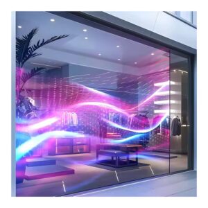 Holographic transparent LED screen installed on retail store glass window for commercial advertising