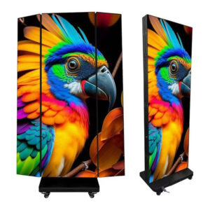 Three panel foldable LED poster wraparound display for exhibition booth