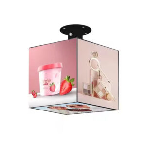 Cube LED Display main view, multi-sided cube shaped LED screen ceiling mount for commercial advertising