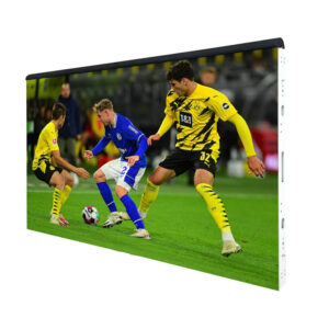 Outdoor football stadium fence perimeter advertising LED display showing live soccer match footage